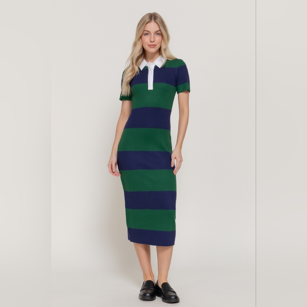 ​Active USA Striped Knit Polo Midi Dress - Navy & Green Preppy Collared Sheath - Picture 14 of 15